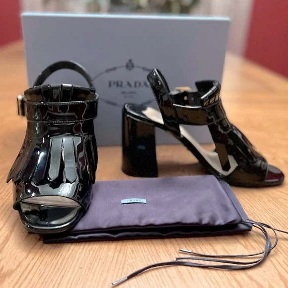 PRADA Patent Leather Kilt Block-Heel Sandals - Picture 10 of 15